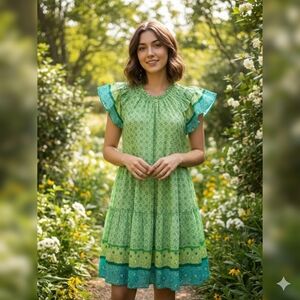 Hale Bob Lime Green Tiered Ruffle Mini Dress XS Flutter Sleeve Boho Cotton
